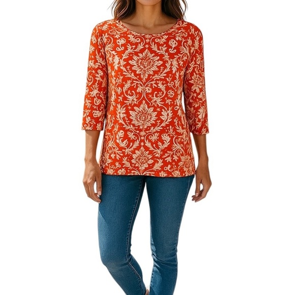 Talbots Women Size L Allover Floral Knit Top Stretch 3/4 Sleeves Cotton Blend - Picture 1 of 7
